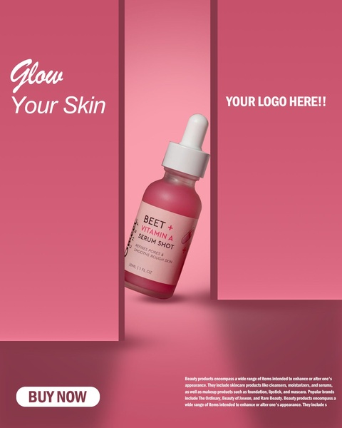A high-contrast advertisement for Beet Vitamin A serum featuring a centered product bottle against a pink-themed, minimalist background.
